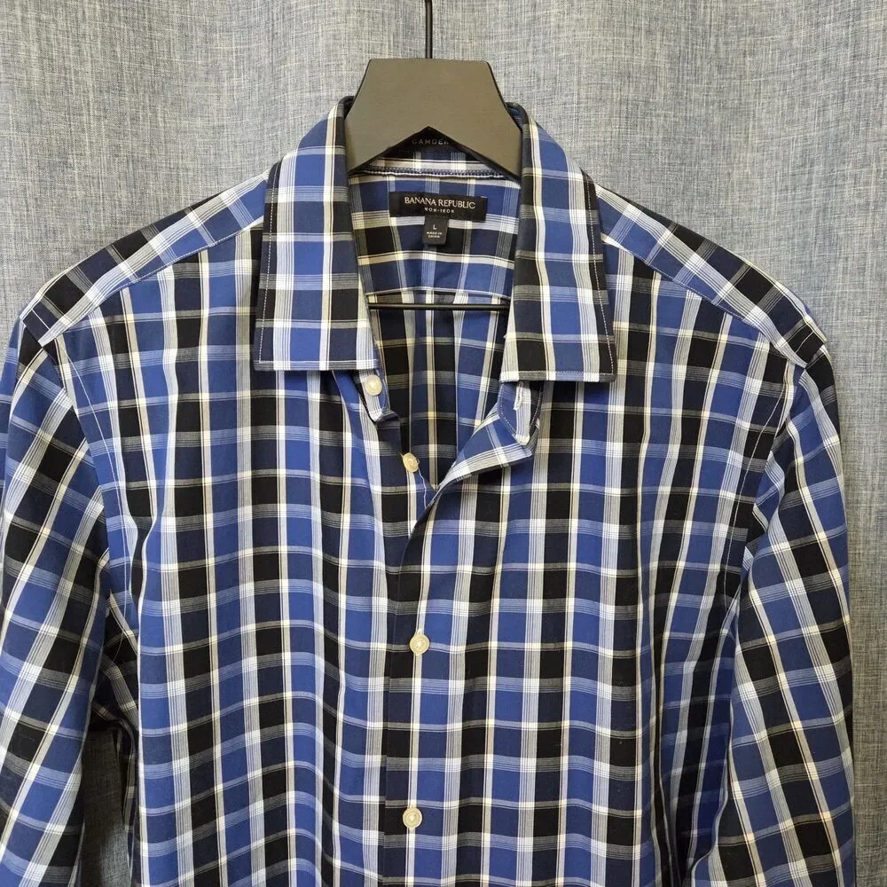 Banana Republic Oxford Shirt Camden Fit Men's L Mid-Wt Blue White Plaid No Iron